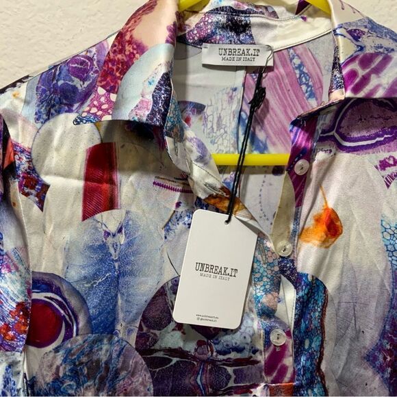 UNBREAK.IT Silk dress MARY MICROSCOPY  with 3/4 sleeves stand up collar D8 - Picture 5 of 12
